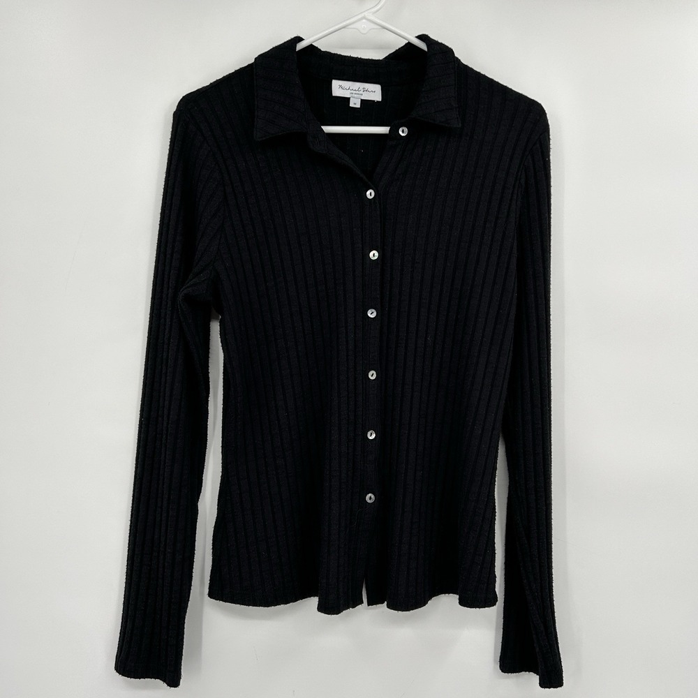 Michael Stars Womens Ribbed Long Sleeve Button Down Shirt Size M Black Minimal